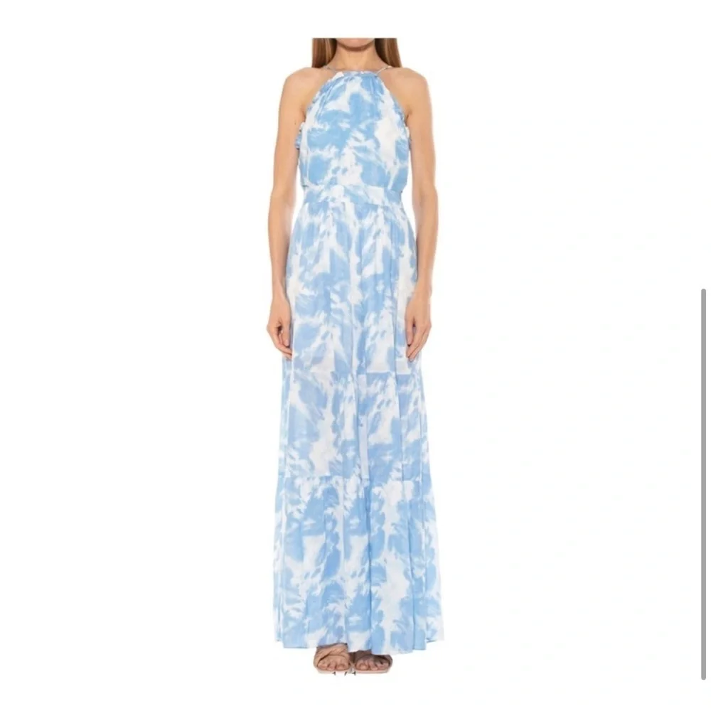 Alexia Admor Kira Ruffled Halter Maxi Dress NWT Blue White Size 6